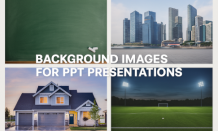 Four professional background images arranged in a 2x2 grid, including educational, business, real estate, and sports themes for PowerPoint presentations.