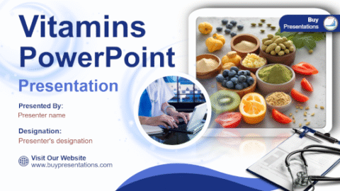 Vitamins PowerPoint presentation template with colorful icons and medical graphics